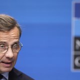 Le premier ministre suédois Ulf Kristersson informe les médias en vue du sommet de l'Otan à La Haye. KEYSTONE/AP/Matthias Schrader